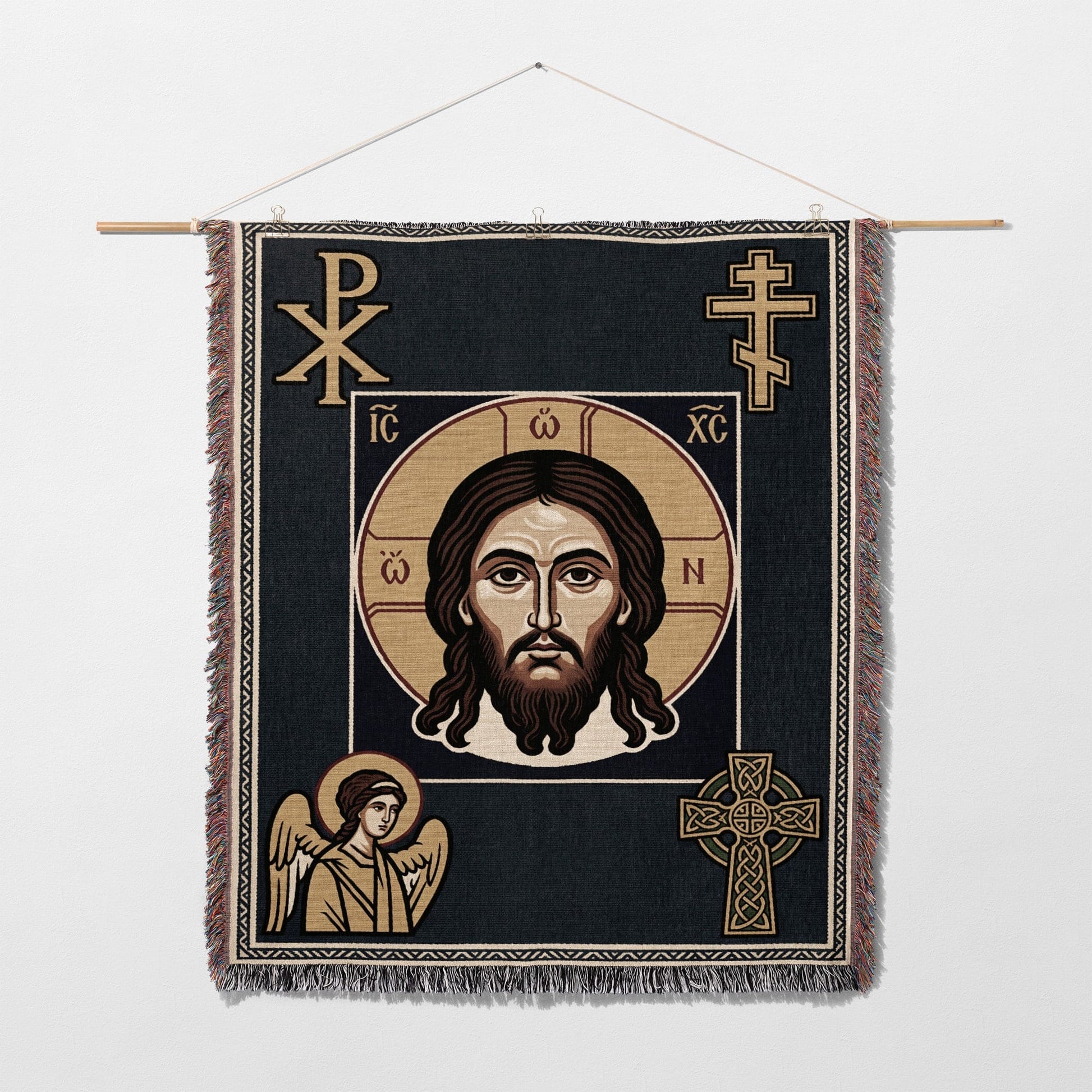 Religious textile with icons of Jesus Christ, an angel, and Celtic knot cross.