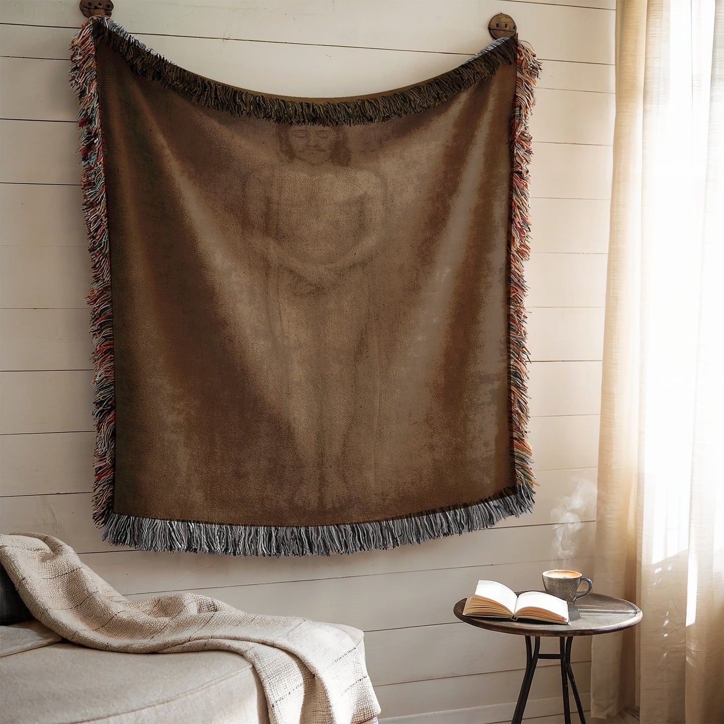 Cozy Brown Blanket with Colorful Fringed Edges Blanket