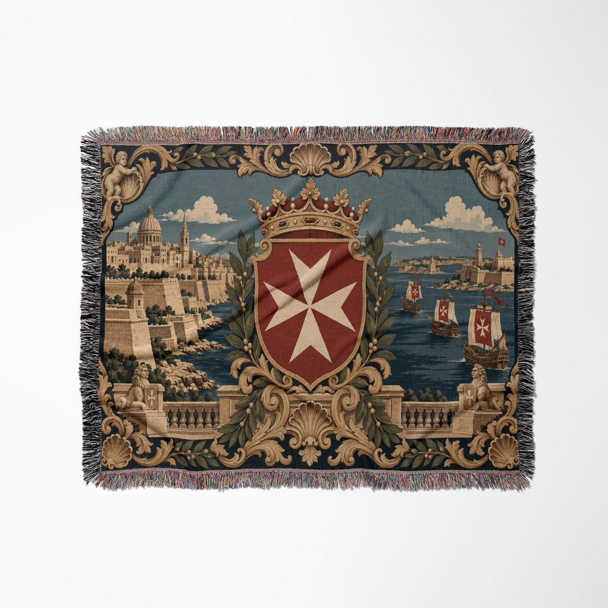 CalmNestStyle Valletta Harbor with Crowned Hospitaller Shield Woven Blanket jacquard woven blanket