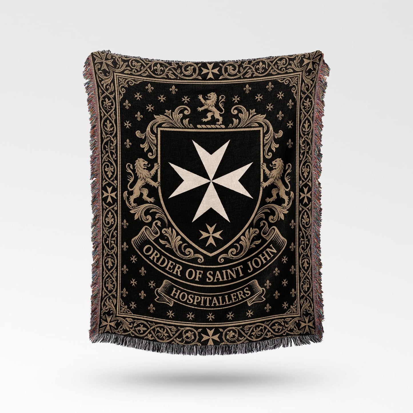 Black throw blanket with Order of Saint John crest and lions.