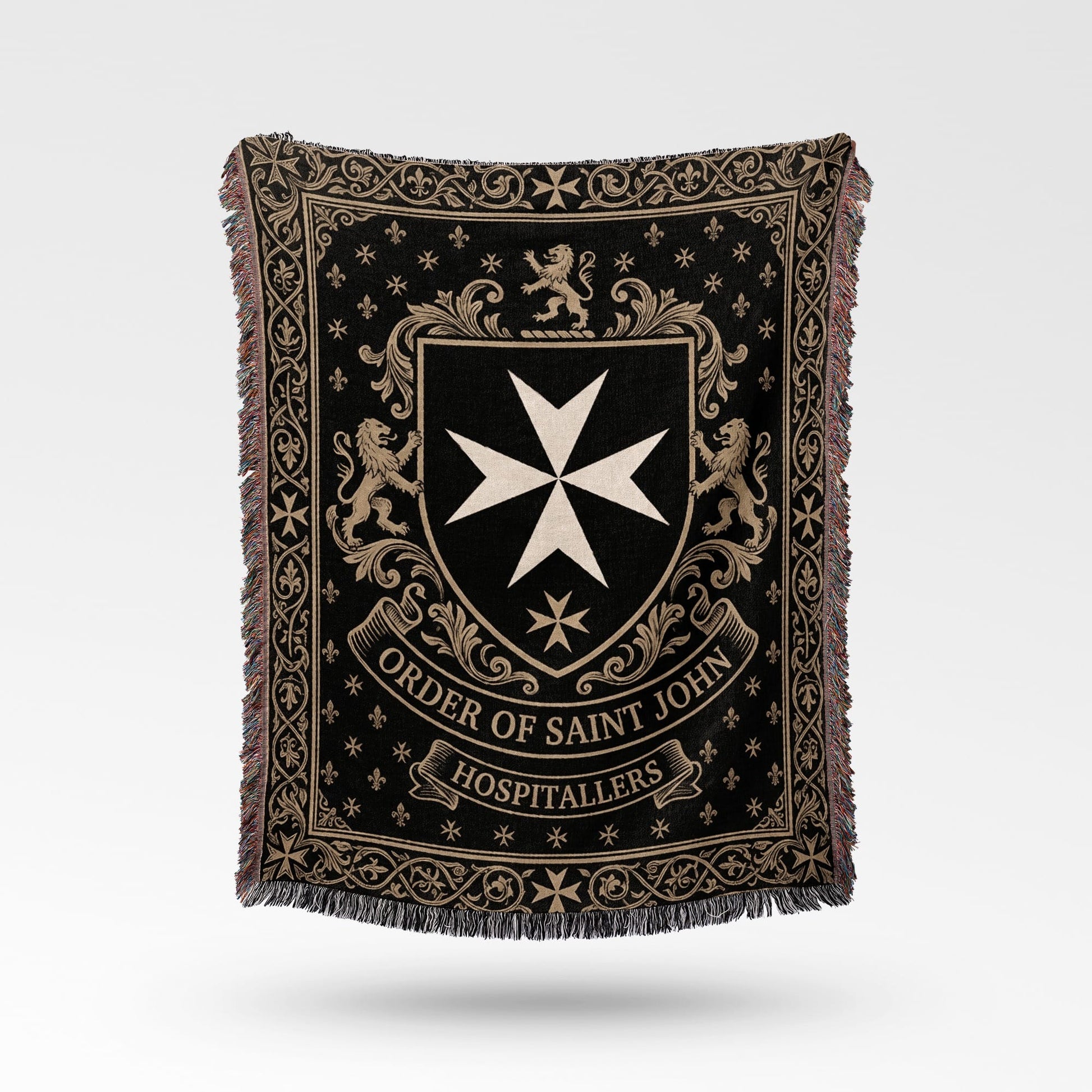 Black throw blanket with Order of Saint John crest and lions.