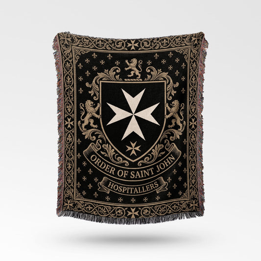 Black throw blanket with Order of Saint John crest and lions.