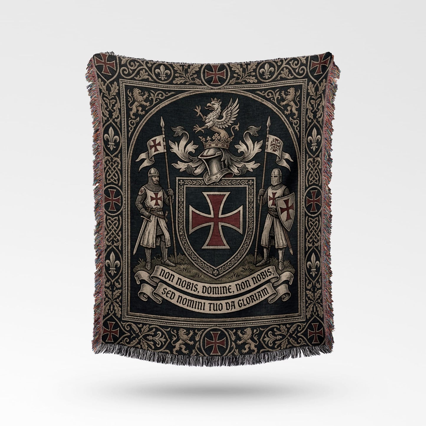 Tapestry blanket featuring Knights Templar shield, knights, griffin, crown, and Latin inscription.
