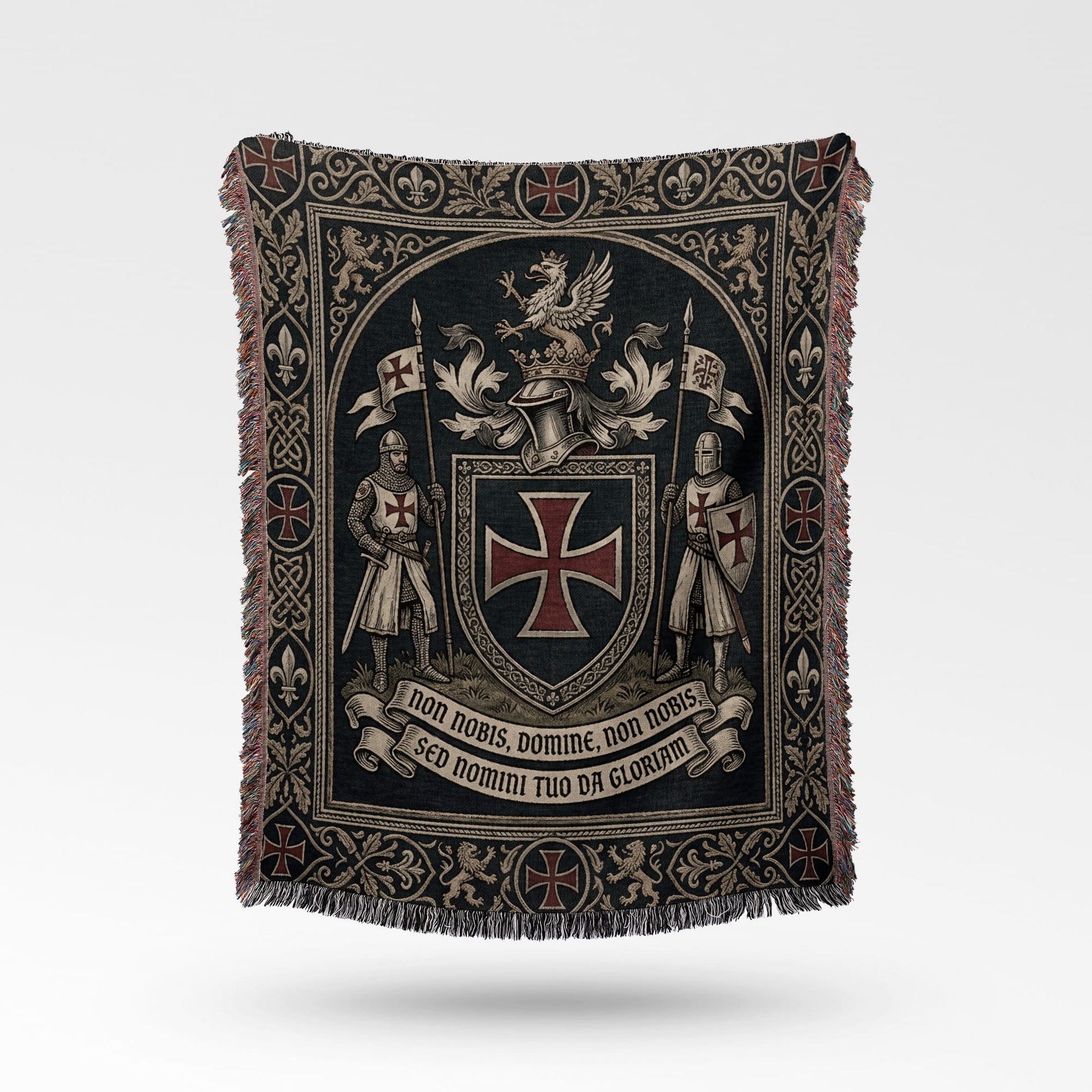 Tapestry blanket featuring Knights Templar shield, knights, griffin, crown, and Latin inscription.
