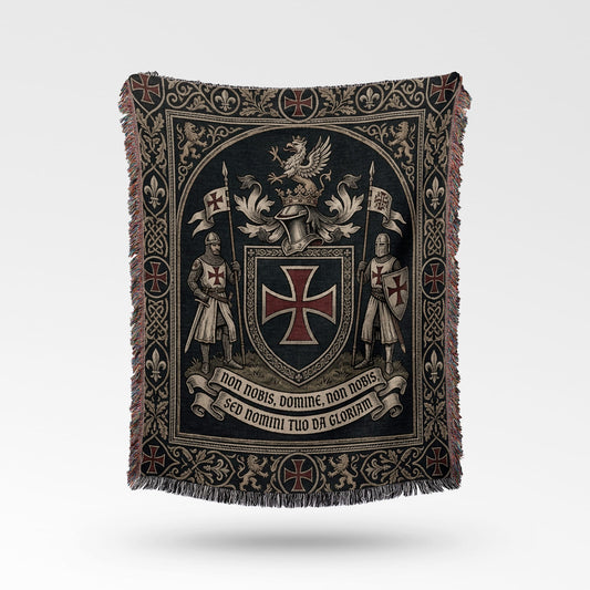 Tapestry blanket featuring Knights Templar shield, knights, griffin, crown, and Latin inscription.