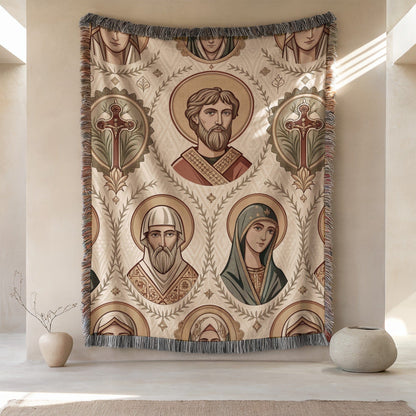 Religious Icons Illustrated Blanket with Fringe Details
