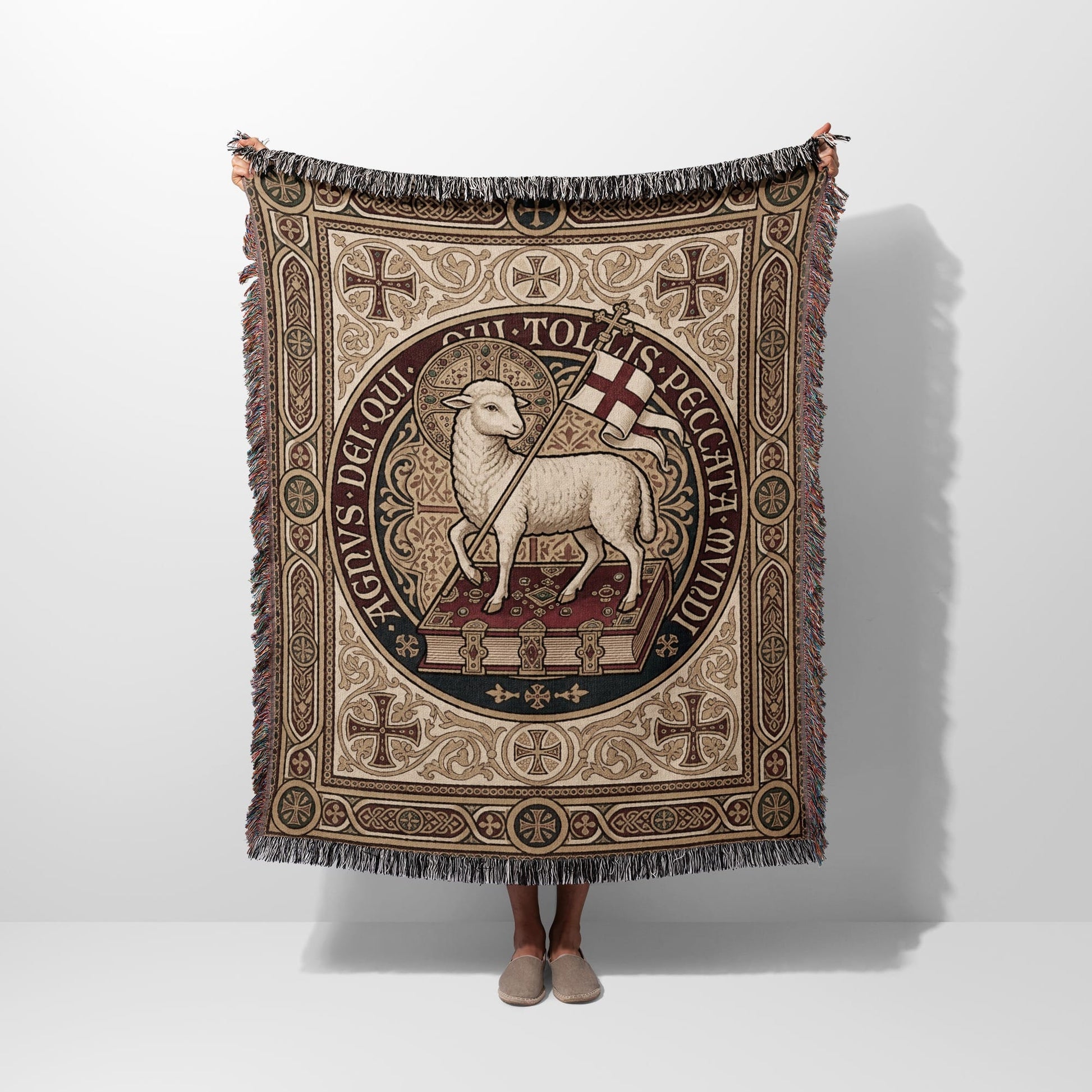 Lamb of God tapestry blanket with Latin text and ornate border.