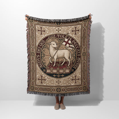 Lamb of God tapestry blanket with Latin text and ornate border.