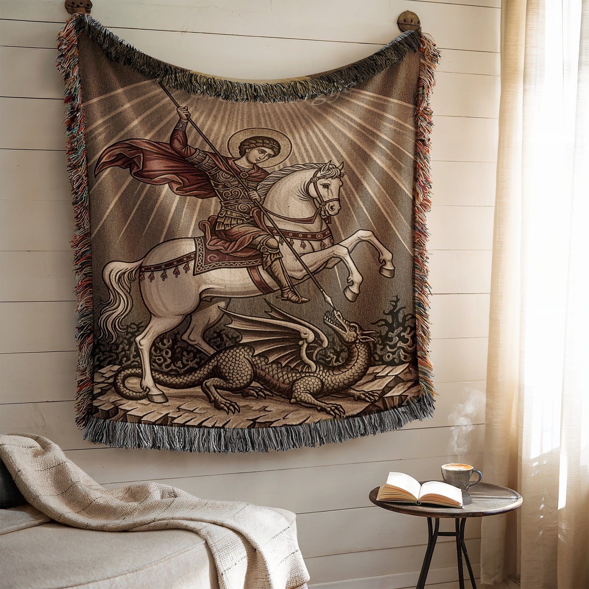 Medieval Knight Slaying Dragon Artistic Tapestry