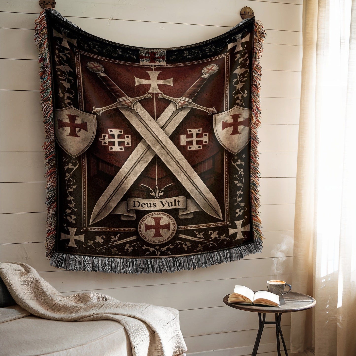 Deus Vult Medieval Knight Cross Swords Tapestry