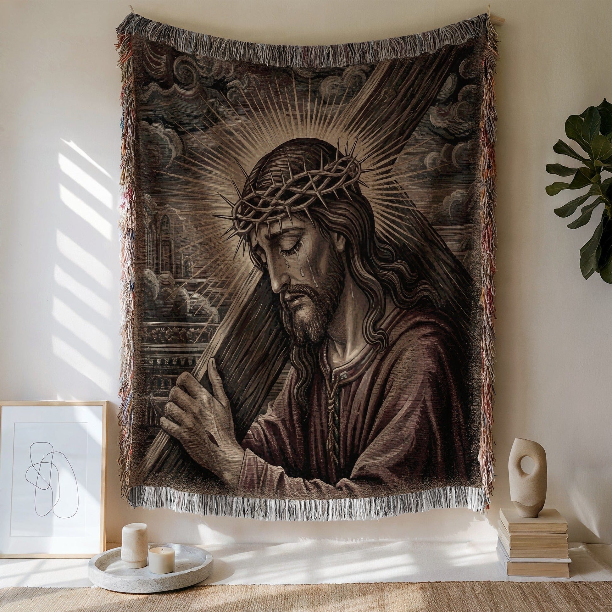 Jesus Christ with Crown of Thorns Tapestry Blanket
