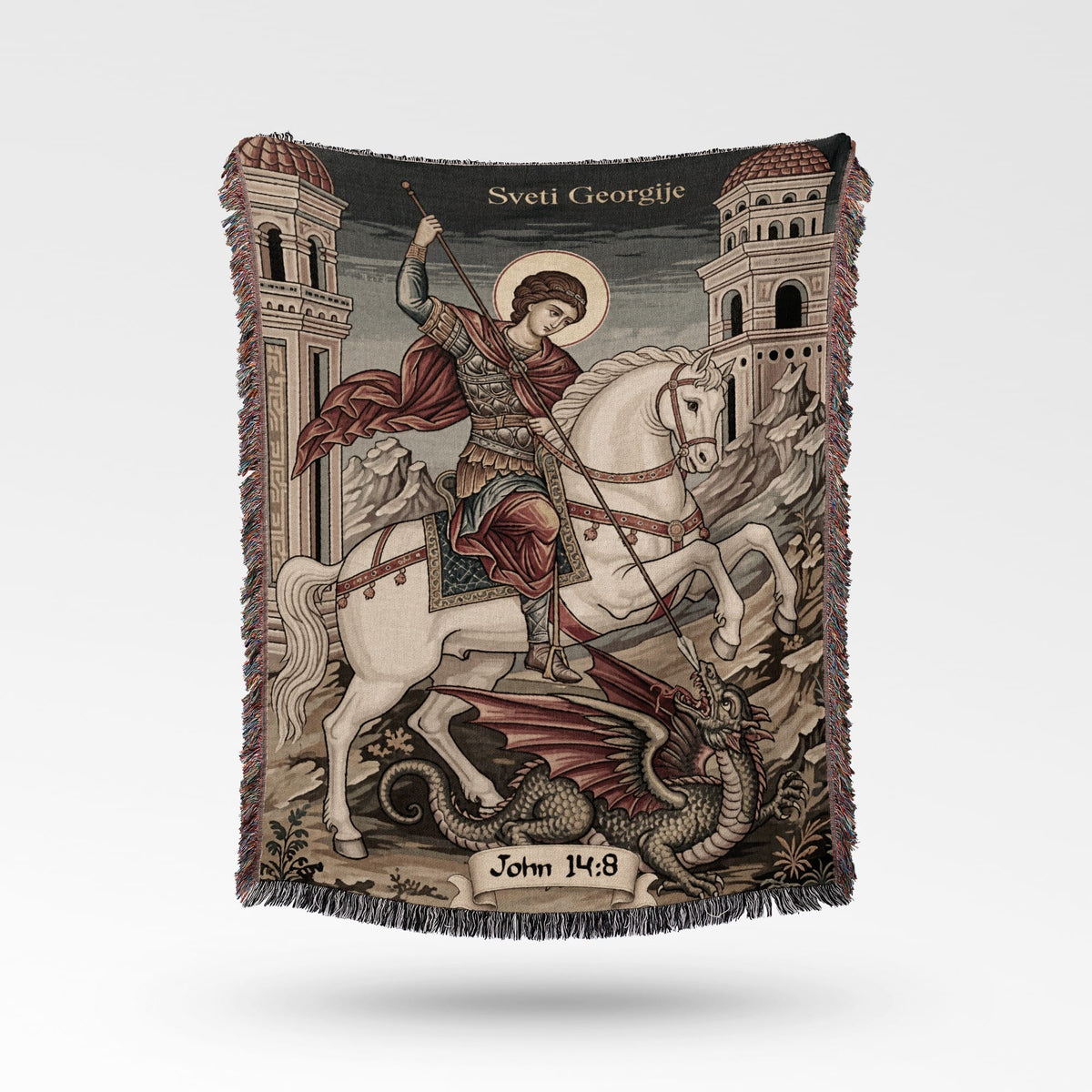 CalmNestStyle Saint George Orthodox Christian Woven Blanket Faith-Based Christian Decor jacquard woven blanket