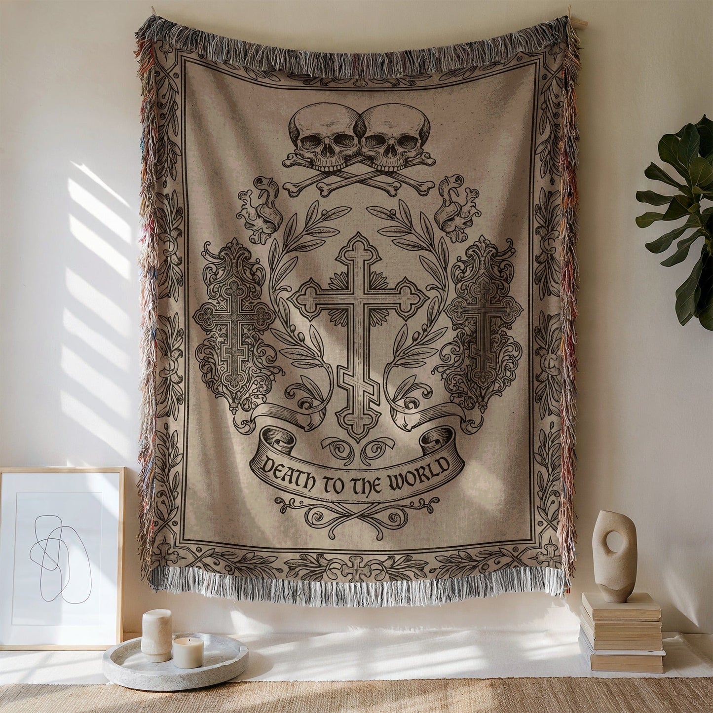 Death to the World Tapestry with Skull and Cross Design
