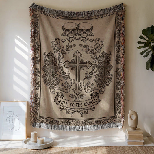 Death to the World Tapestry with Skull and Cross Design