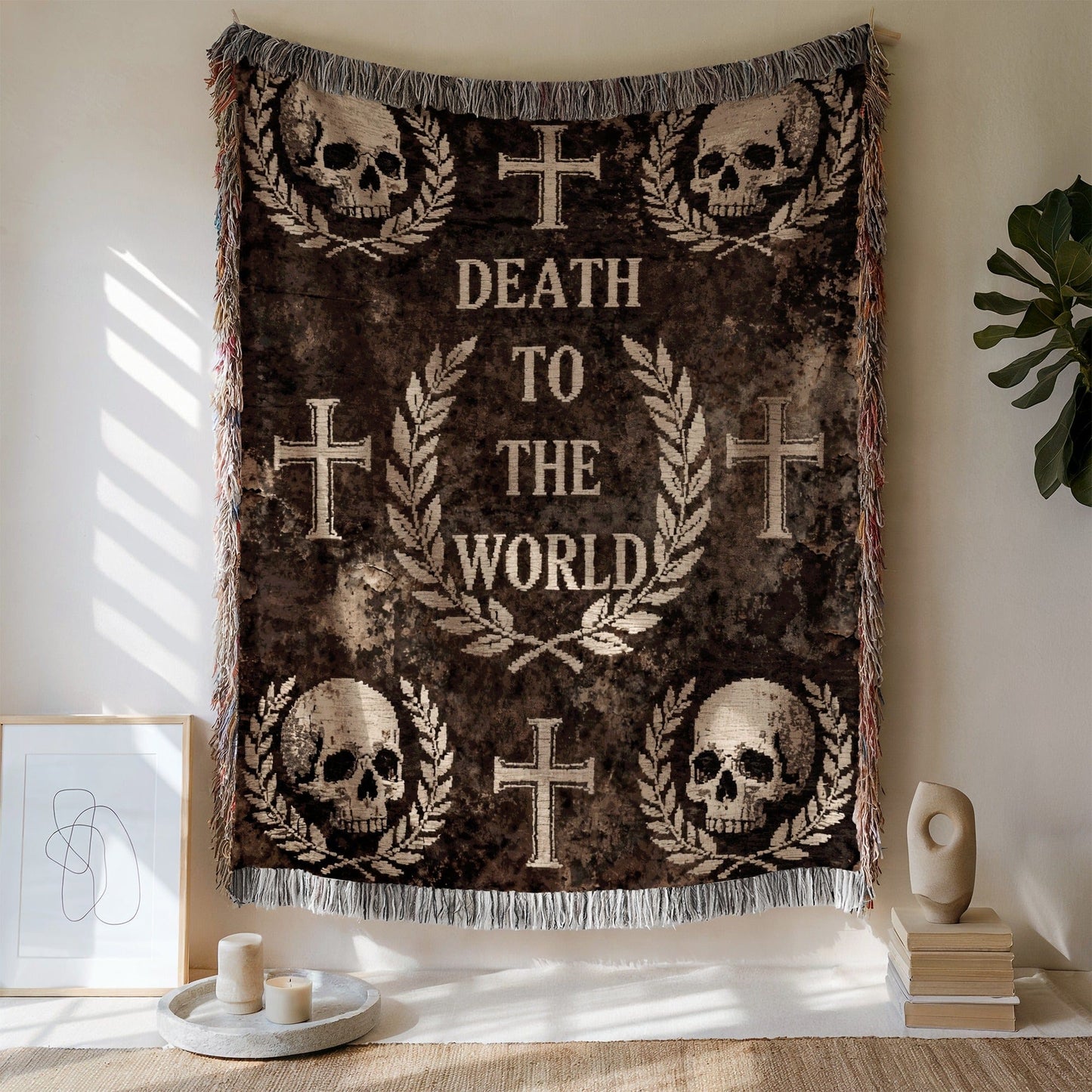 Death to the World Skull and Crosses Design Tapestry