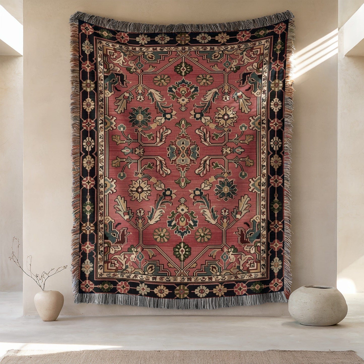 Elegant Floral Design Red Rug with Tassel Trim
