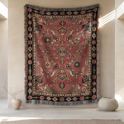 Elegant Floral Design Red Rug with Tassel Trim