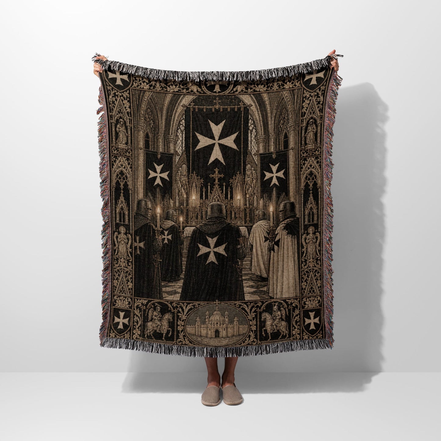 Knights Templar tapestry blanket with cross motif and ceremonial scene.