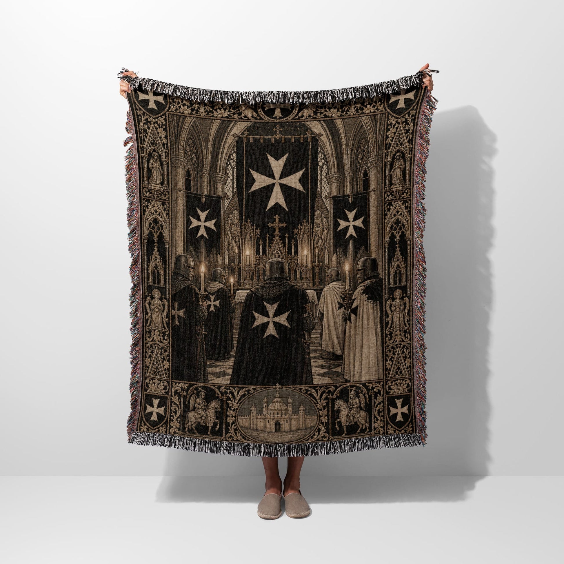 Knights Templar tapestry blanket with cross motif and ceremonial scene.