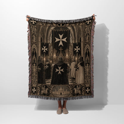Knights Templar tapestry blanket with cross motif and ceremonial scene.