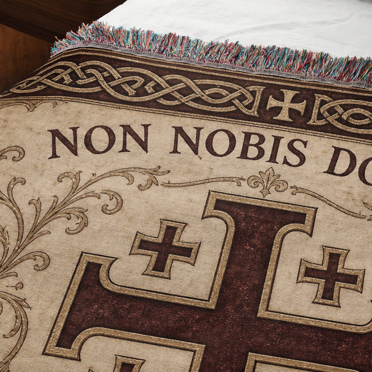 MyDesigns Medieval Tapestry Woven Throw – Non Nobis Domine Sed Nomini Tuo Blanket, Ivory Parchment jacquard woven blanket