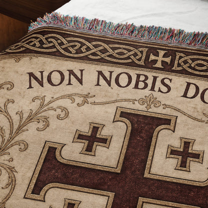 MyDesigns Medieval Tapestry Woven Throw – Non Nobis Domine Sed Nomini Tuo Blanket, Ivory Parchment jacquard woven blanket