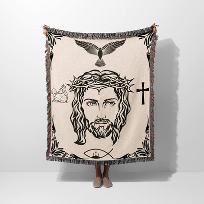 Jesus Christ's face with crown of thorns, cross, dove, lamb, and fish.