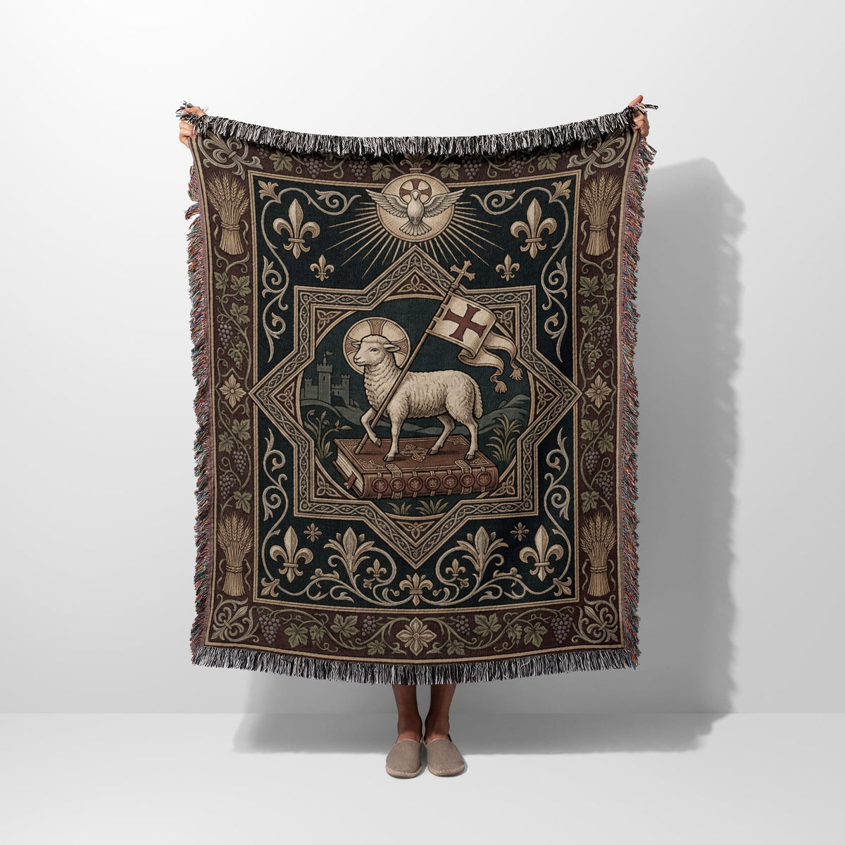 CalmNestStyle Heraldic Lamb & Dove Art Woven Blanket jacquard woven blanket