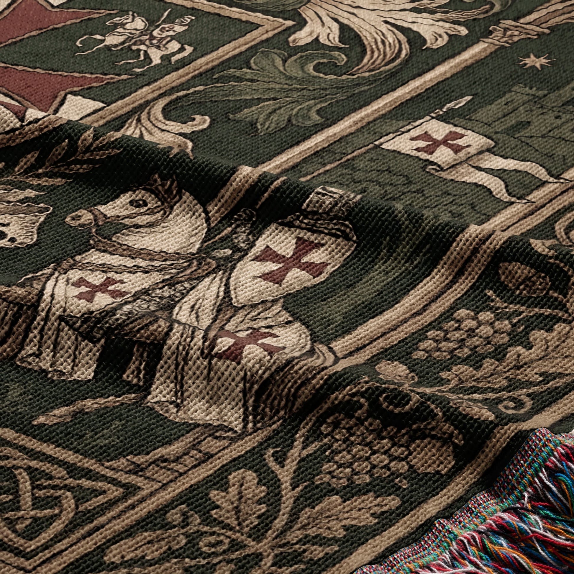 Tapestry with knights on horseback and a crusader's banner.
