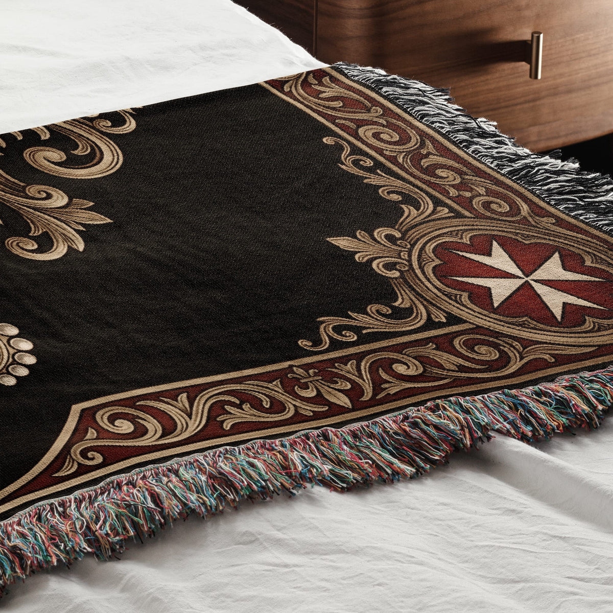 CalmNestStyle Order of Malta Crowned Crest Gold Scroll Woven Blanket jacquard woven blanket