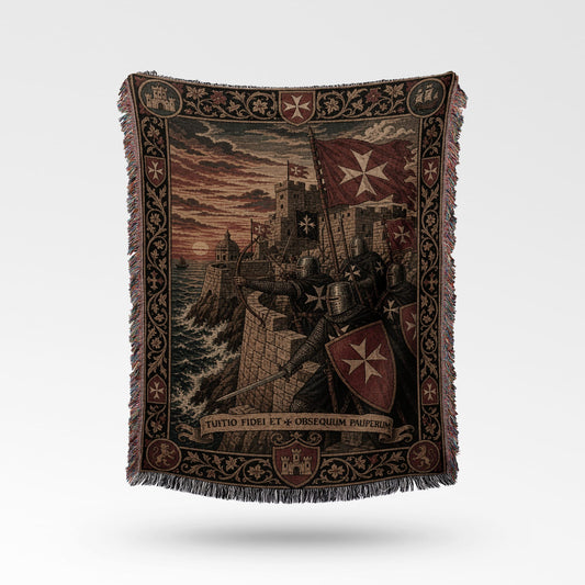 Knights Templar tapestry blanket with text "TUITIO FIDEI ET OBSEQUIUM PAUPERUM".