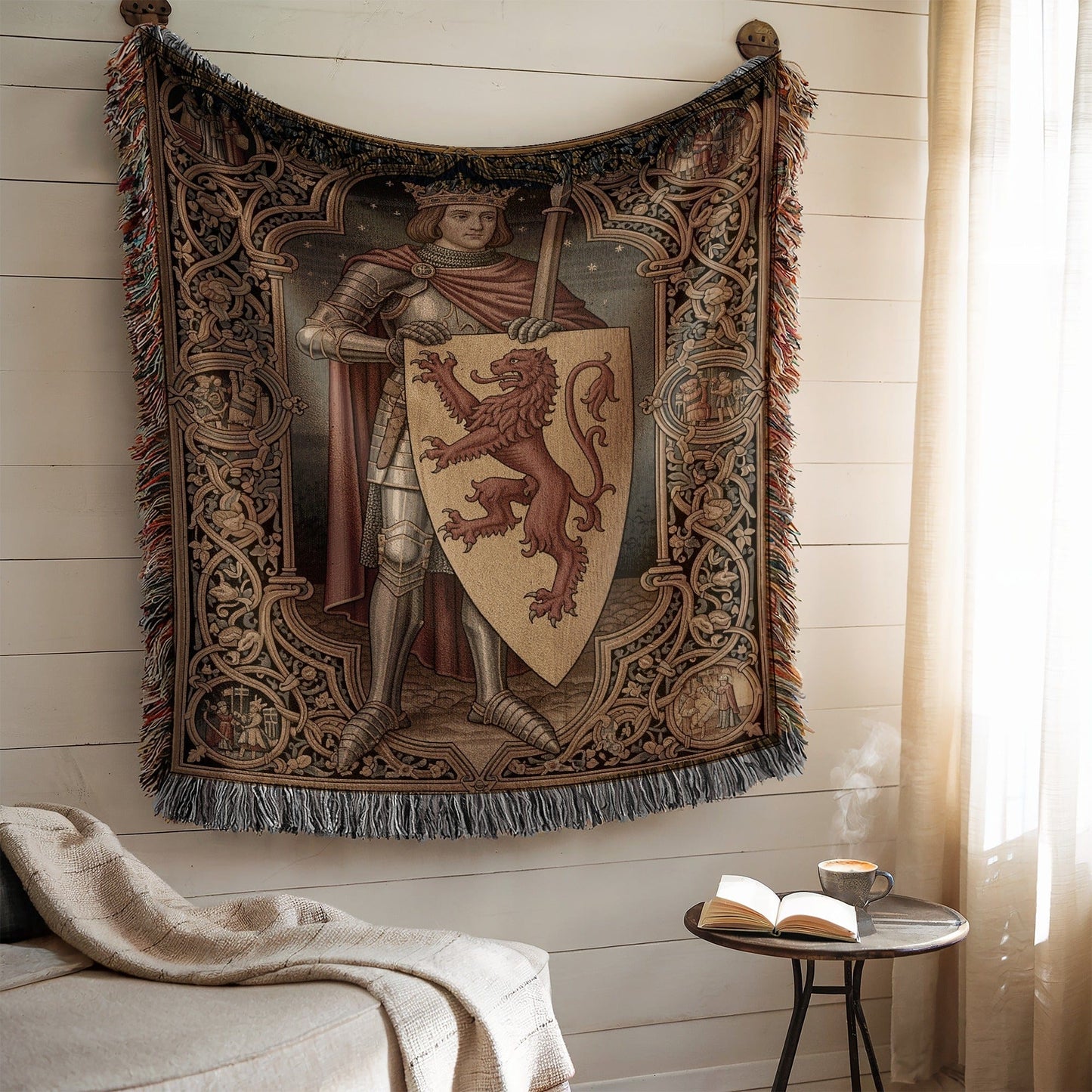 Medieval Knight Tapestry with Regal Lion Shield Design