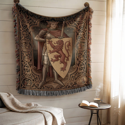 Medieval Knight Tapestry with Regal Lion Shield Design