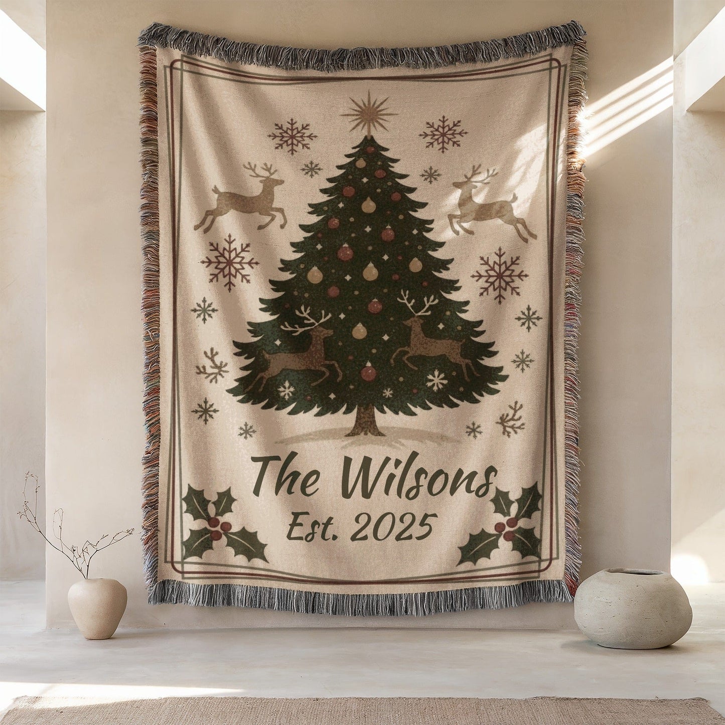 Personalized Christmas Tree with Reindeer Design Blanket