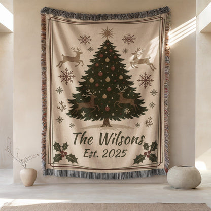 Personalized Christmas Tree with Reindeer Design Blanket