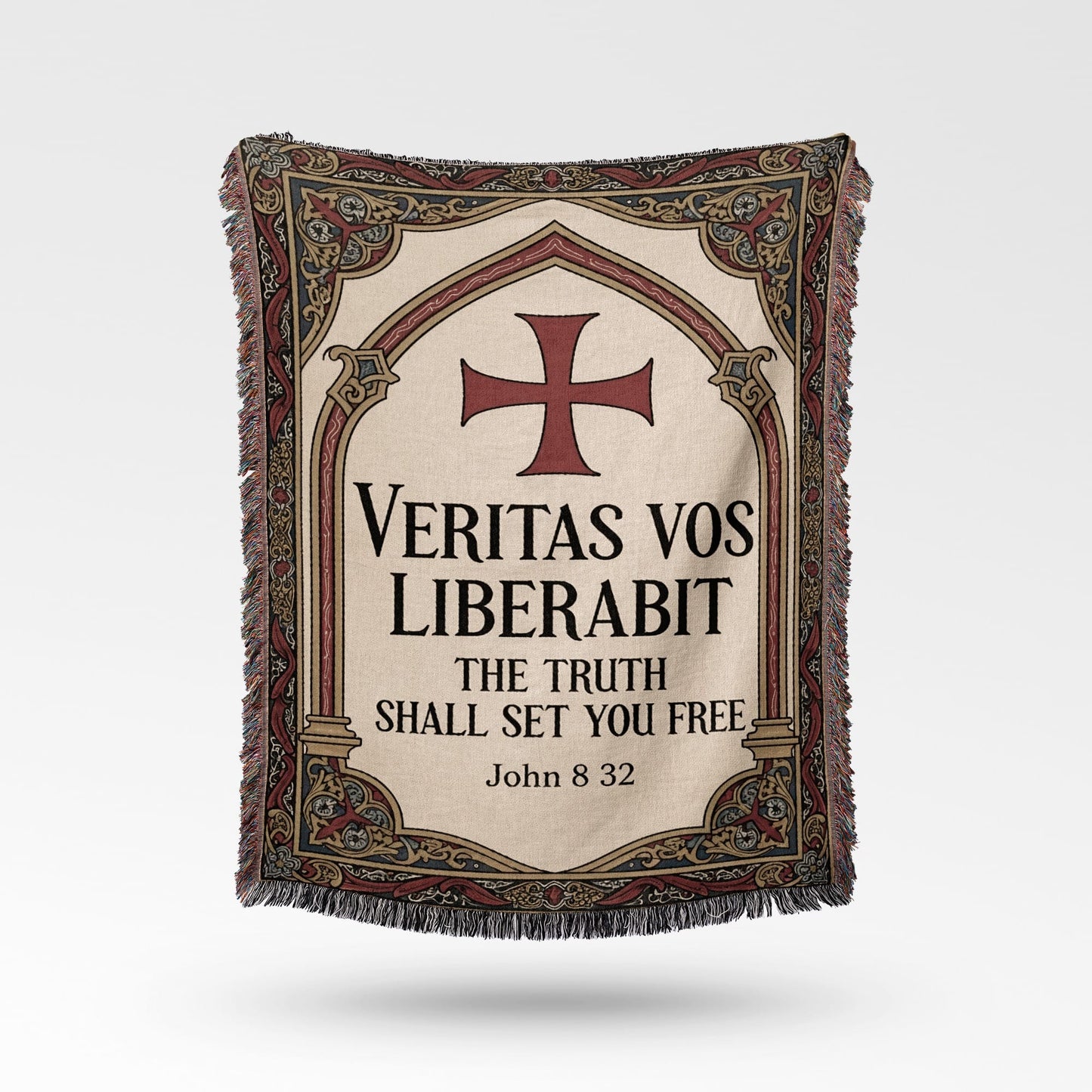 Tapestry with Crusader cross and Latin text "Veritas Vos Liberabit".