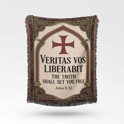Tapestry with Crusader cross and Latin text "Veritas Vos Liberabit".