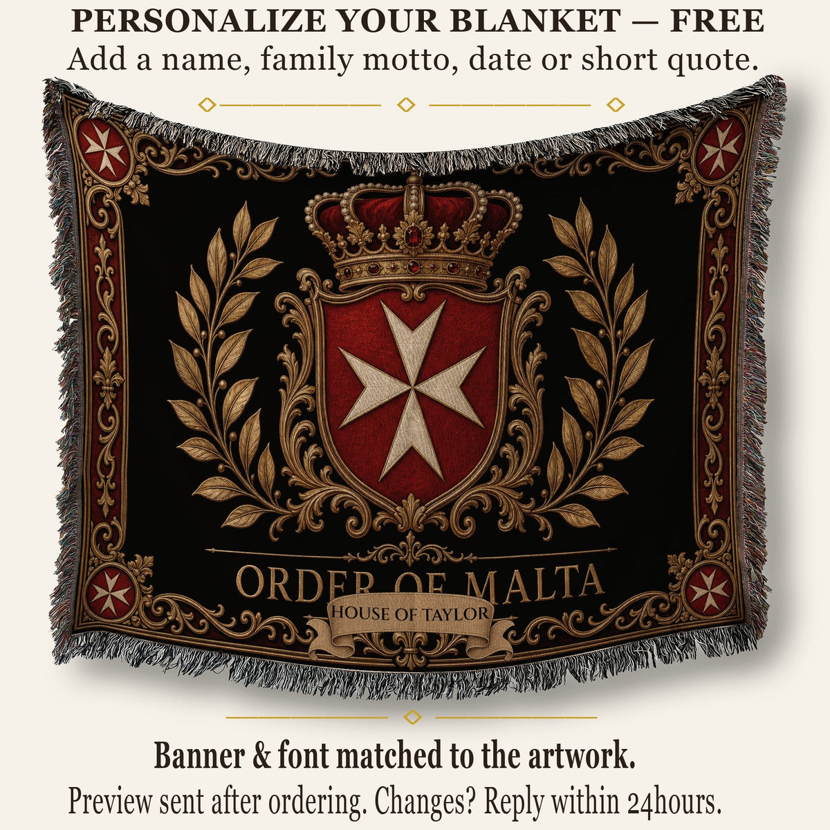 CalmNestStyle Order of Malta Crown and Laurel Black Gold Woven Blanket jacquard woven blanket