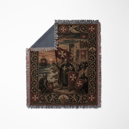Knights Templar tapestry with castle, ships, and shields.
