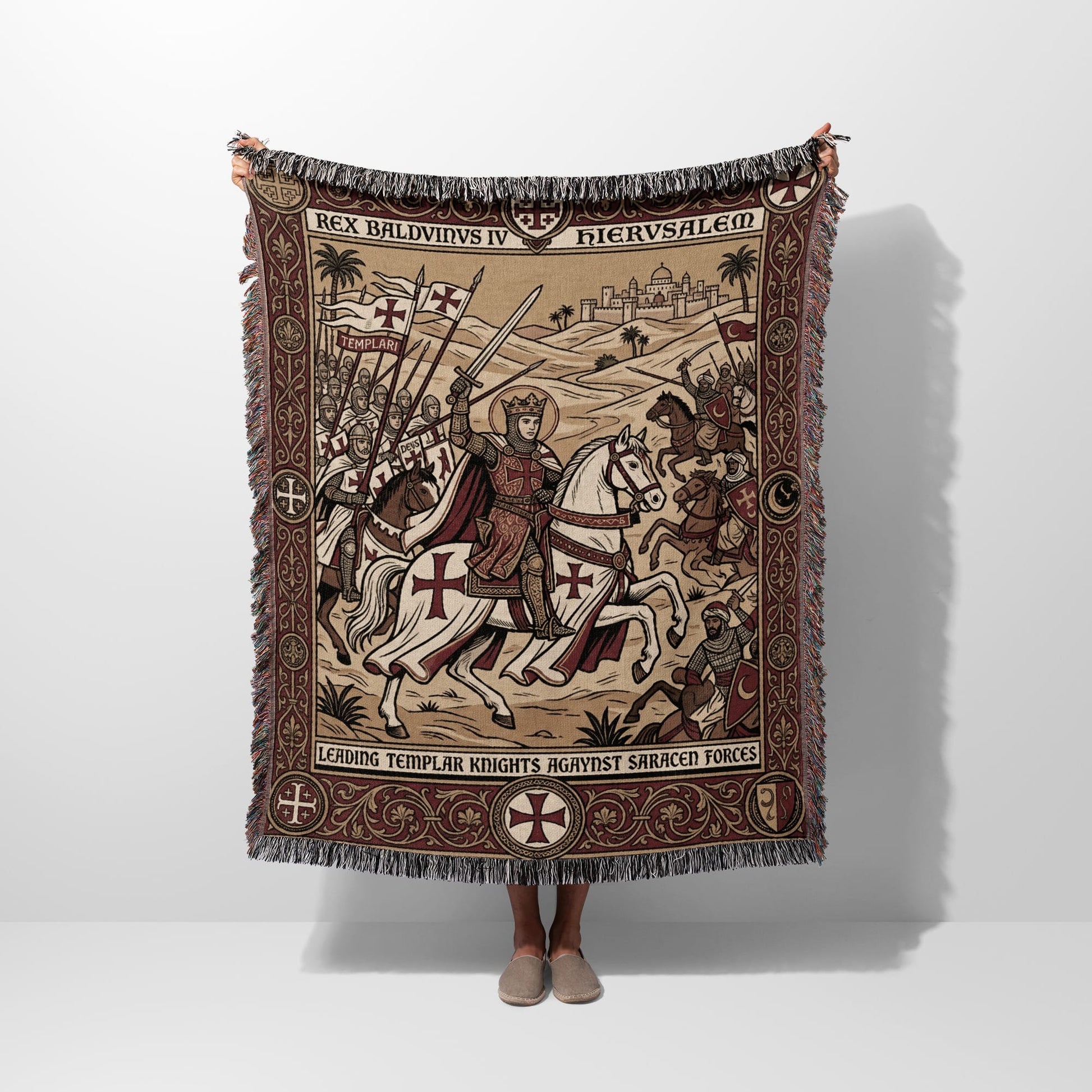 Templar knights led by King Baldwin IV battle Saracen forces in a medieval tapestry.