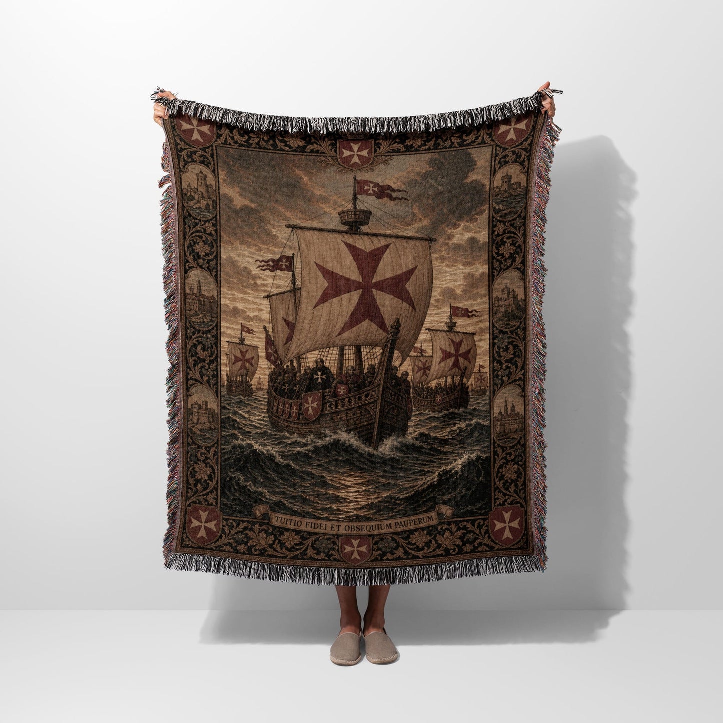 Tapestry blanket with medieval ships, St. George's Cross, and Latin text.