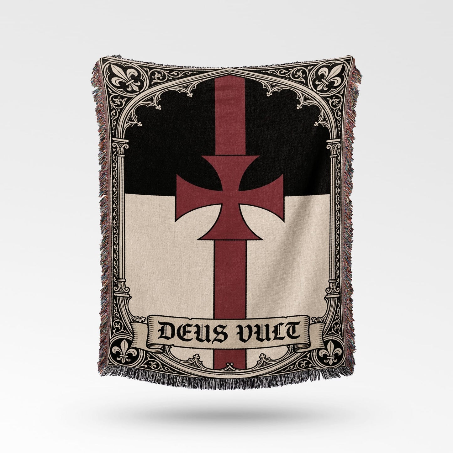Black, white, and red tapestry featuring a Maltese cross and "Deus Vult" text.