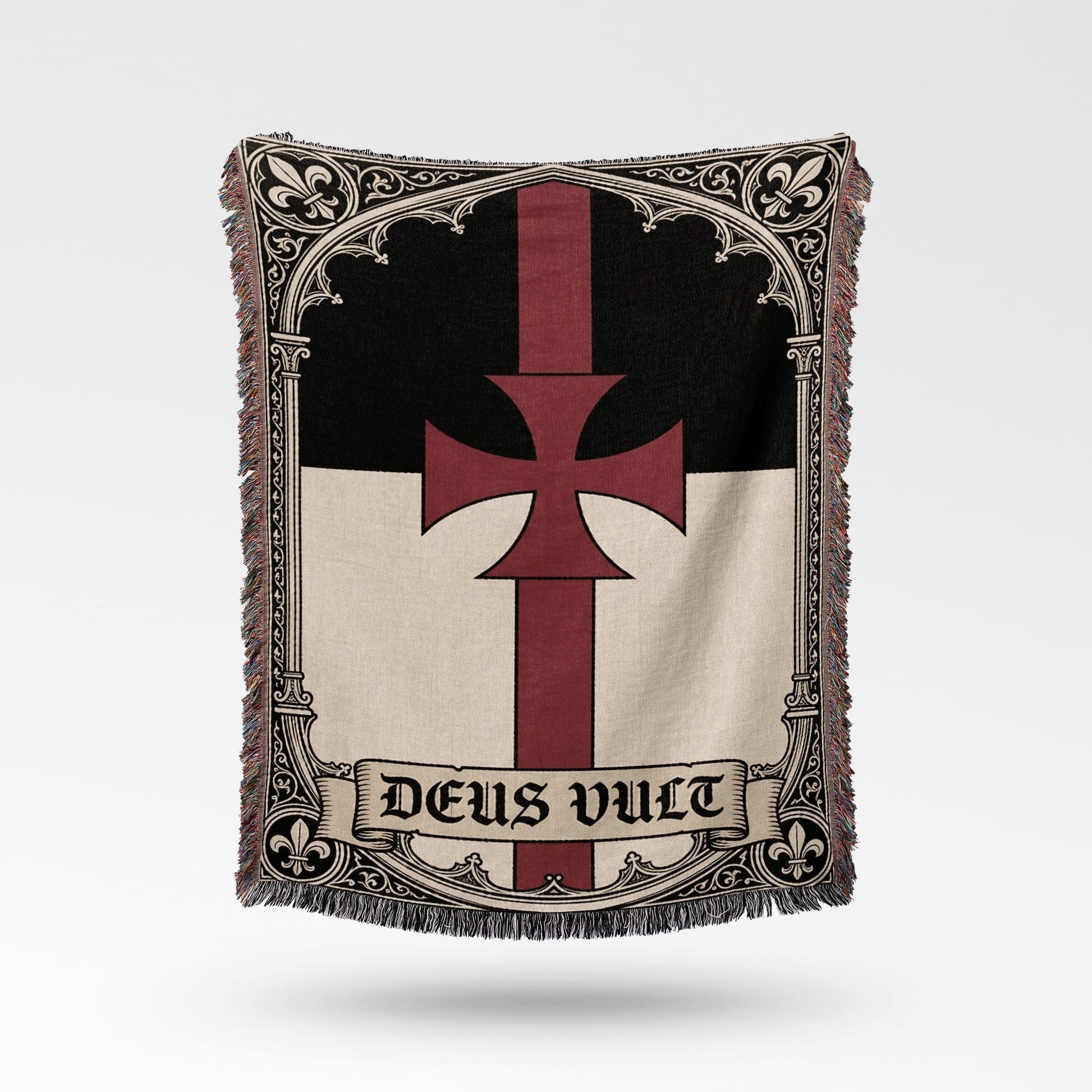 Black, white, and red tapestry featuring a Maltese cross and "Deus Vult" text.