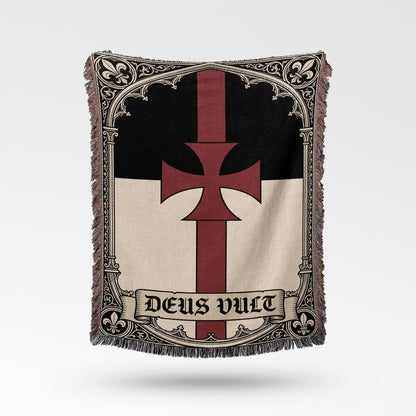 Black, white, and red tapestry featuring a Maltese cross and "Deus Vult" text.