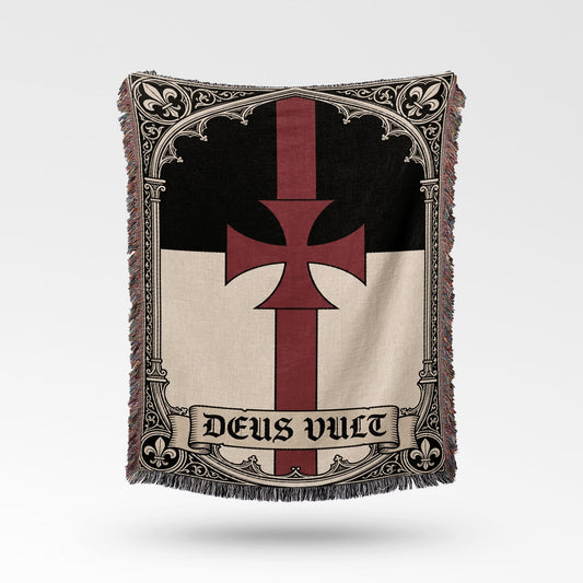 Black, white, and red tapestry featuring a Maltese cross and "Deus Vult" text.