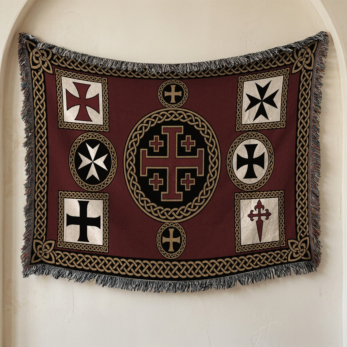 MyDesigns Medieval Tapestry Art Woven Blanket – Jerusalem Cross Medallion, Crusader Orders jacquard woven blanket