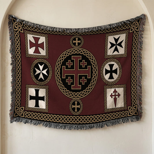 MyDesigns Medieval Tapestry Art Woven Blanket – Jerusalem Cross Medallion, Crusader Orders jacquard woven blanket