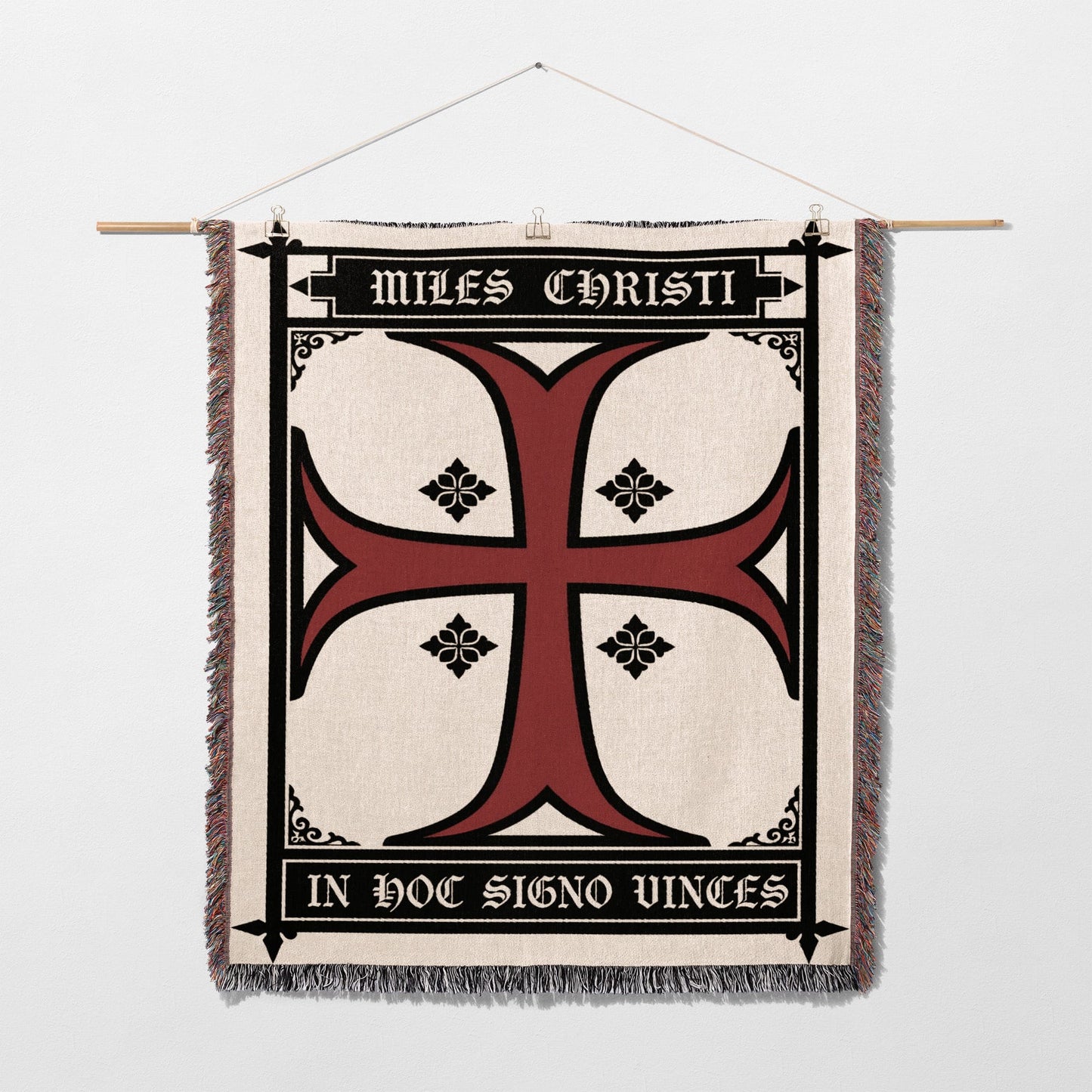Tapestry featuring a red crusader cross and Latin text "MILES CHRISTI IN HOC SIGNO VINCES".