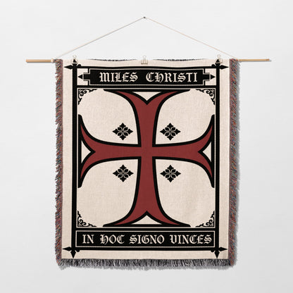 Tapestry featuring a red crusader cross and Latin text "MILES CHRISTI IN HOC SIGNO VINCES".