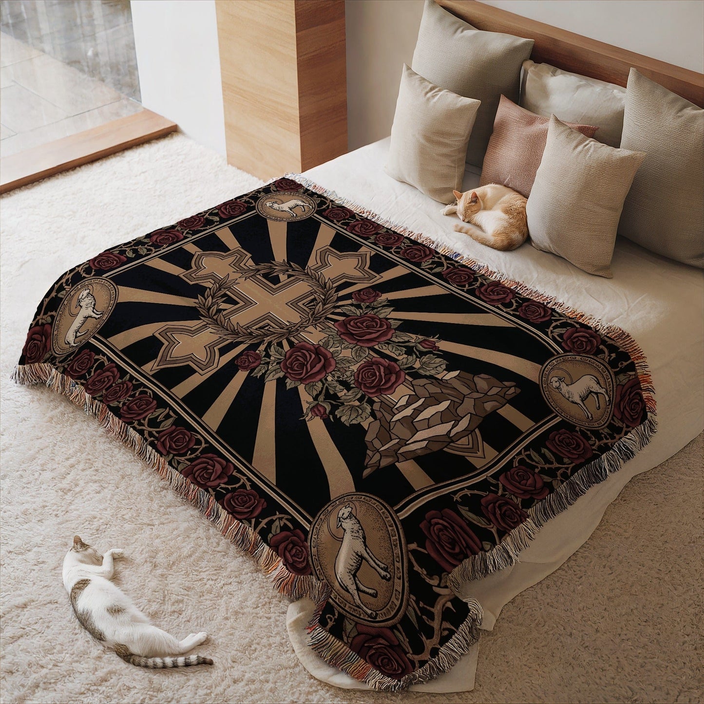 Gothic Cross and Roses Design Blanket with Fringe Ironville